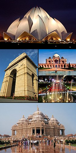 Dari atas, searah jarum jam: Kuil Lotus, Humayun's Tomb, Istana Connaught, Kuil Akshardham dan Monumen Nasional Gerbang India.