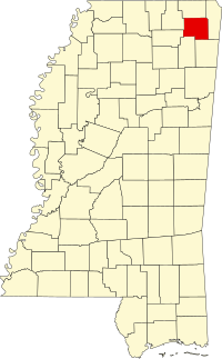 Округ Прентісс на мапі штату Міссісіпі highlighting