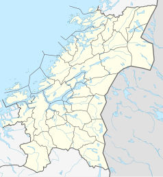 Mapa konturowa Trøndelagu, blisko centrum po lewej na dole znajduje się punkt z opisem „Trondheim”