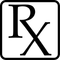 The symbol used on medical prescriptions, from the Latin Recipe