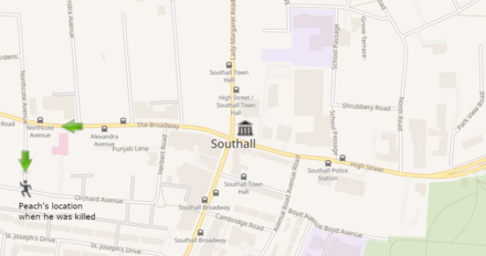 Map of Southall. Peach's direction of travel away from the town hall and down a side street is shown, to the point where he was killed