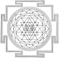 A diagramic drawing of the Sri Yantra, showing the outside square, with four T shaped gates, and the central circle.