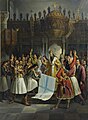 Bishop Germanos of Patras blessing the flag of the Greek revolutionaries at the Monastery of Agia Lavra, part of a popular legend regarding the start of the revolution of 1821, although it never actually happened.