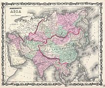 1861. Carte de l'Asie par le cartographe américain Alvin Jewett Johnson.
