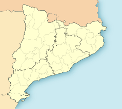 Mapa konturowa Katalonii, blisko centrum na dole znajduje się punkt z opisem „Biblioteca Museu Víctor Balaguer”
