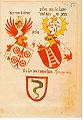 Codice Ingeram: Francesco Carrara signore di Padova, +1405; Paolo della Scala signore di Verona, + 1440 circa; Anguillara Barone di Ronciglione. Si noti il cimiero col cane alato nello stemma di Paolo della Scala