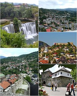 Clockwise from top: The Pliva Waterfall, Panoramic view of eastern Maršala Tita area from Jajce Fortress, Jajce Fortress and ancient area, Meadow Gate and Omer Bey's native house and the view of Šejh Mustafe area.