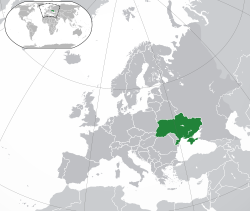 Location o  Ukraine  (green) on the European continent  (dark grey)  —  [Legend]