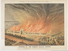 colour illustration from a newspaper of the Garden Palace building engulfed by a huge fire