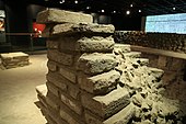 Urban standard details; Mexico-Tenochtitlan wall remnants stone bricks in Templo Mayor Museum (Mexico City)