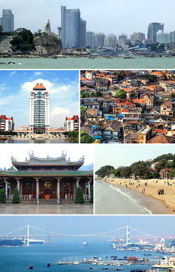 From top: Xiamen's CBD, Xiamen University, colonial houses on Gulangyu Island, South Putuo Temple, beach on Gulangyu Island, and Haicang Bridge