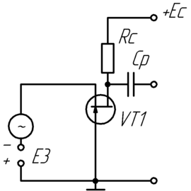 Схема підключення польового транзистора з керуючим p-n-переходом із загальним затвором.
