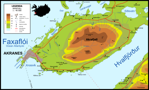map of Akranes and Akrafjall, Hvalfjörður