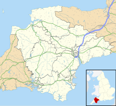Mapa konturowa Devonu, na dole nieco na lewo znajduje się punkt z opisem „Roborough”