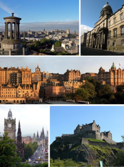 Clockwise from top-left: கேல்டன் குன்றிலிருந்து தோற்றம், Old College, University of Edinburgh, இளவரசித் தெருவிலிருந்து தெரியும் பழைய நகர், Edinburgh Castle, கேல்டன் குன்றிலிருந்து இளவரசித் தெரு
