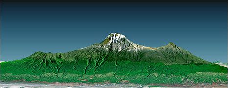 南側（タンザニア側）から、高さは2倍に誇張されている 右から、シラ峰(Shira)、キボ峰(Kibo)、マウエンジ峰(Mawenzi)