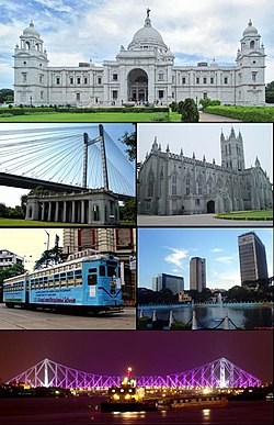 Clockwise from top: വിക്ടോറിയ സ്മാരകം, St. Paul's Cathedral, central business district, ഹൗറ പാലം, city tram line, Vidyasagar Bridge