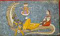 Vishnu zit op de slang Shesha, terwijl Lakshmi zijn voeten masseert en de vierhoofdige Brahma geboren wordt uit Vishnu's navel, 1780-1790