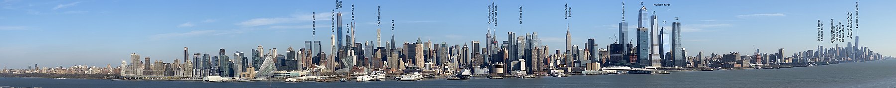 Panorama de la oriella oeste de Manhattan, dende la Cai 115 (115th Street) hasta The Battery, tomada dende Weehawken (Nueva Jersey), en 2020.