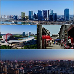 Clockwise form top: Zibo new area CBD, Zhoucun ancient commercial city, Zhangdian district downtown, Zibo sports center stadium