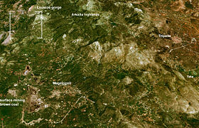 Ebene Megalopoli, Landsat7, GeoCover 2000. Ansicht aus 20 km Höhe