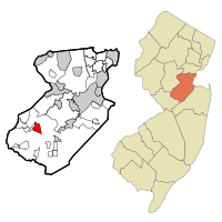 Map of Dayton CDP in Middlesex County. Inset: Location of Middlesex County in New Jersey.