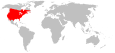 Mapka s rozšířením vrány americké (červeně)