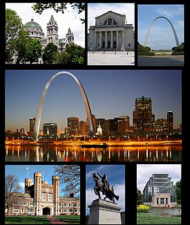 Từ trên bên trái: Nhà thờ chính tòa, Bảo tàng Nghệ thuật Saint Louis, Cổng Gateway, Trung tâm St. Louis, Đại học Washington, Apotheosis của St. Louis, Forest Park Jewel Box