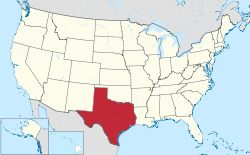 Yhdysvaltain kartta, jossa Texas korostettuna