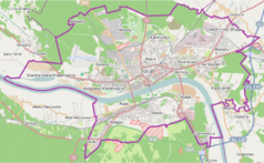 Mapa konturowa Torunia, w centrum znajduje się punkt z opisem „Studium Nauczycielskie w Toruniu”