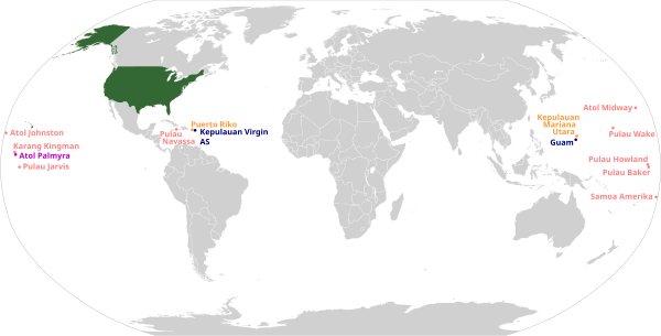 A world map highlighting the several island claims of the United States