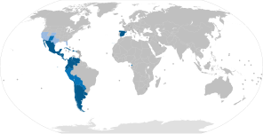 Страни и територии, където испанският език е официален. (в тъмно синьо)