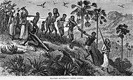 Teckning från 1866 av slavar drivna mot kusten och Zanzibar.