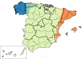 Carte des langues parlées en Espagne ; en Espagne même, d'autres langues que l'espagnol (castillan) sont parlées, ce qui peut prêter à confusion lorsque le drapeau national est employé.