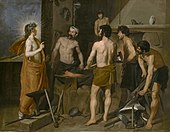 Vulkan, bog ognja, kovačev in rokodelcev; Diego Velázquez, Apolon v Vulkanovi kovačnici