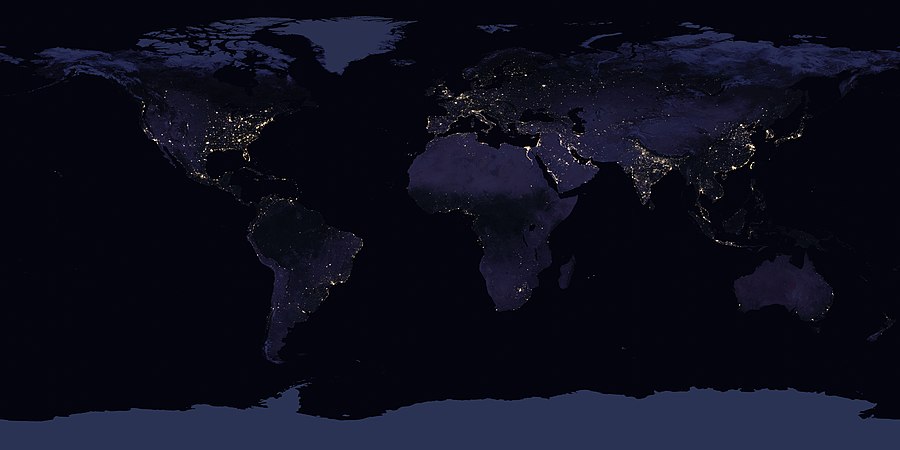 这个合成图像显示了2016年的地球夜光。