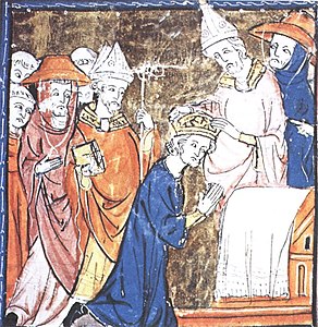 Nagy Károly császár koronázásának középkori ábrázolása. A püspökök és bíborosok bíbort viselnek, a pápa fehéret