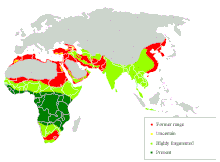 Range of the leopard, former (red), present (green), and uncertain (yellow)