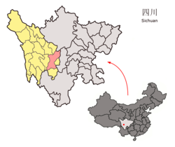 Location of Kangding City (red) within Garzê Tibetan Autonomous Prefecture (yellow) and Sichuan