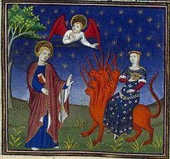 فاحشه بابل، که در یک نسخه خطی نقاشی شده قرن ۱۴ فرانسوی به تصویر کشیده شده‌است. این زن جذاب به نظر می‌رسد، اما زیر لباس آبی خود قرمز پوشیده‌است.