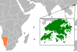 Map indicating locations of Hong Kong and Namibia