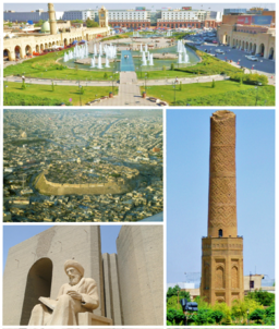 Montage av Erbil: centrum, gamla minareten, Mubarak Ben Ahmed Sharaf-Aldins staty, och Arbils citadell