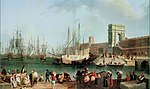 Veduta del porto di Ancona, con l'Arco di Traiano e la Lanterna, di Jakob Philipp Hackert (1784)