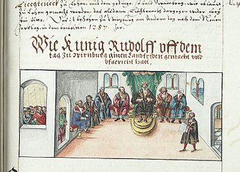 Rudolf verkündet auf einem Hoftag den Landfrieden, aus der Chronik der Bischöfe von Würzburg des Lorenz Fries, Mitte 16. Jahrhunderts