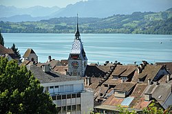 View over Lake Zug with the old city of Zug and the Zytturm