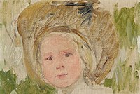 Olieskets Kind in 'n hoed met 'n swart rosette, Mary Cassatt, 1910