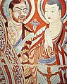 Fresco chinés do século IX representando a monxes budistas; o da esquerda con trazos Tocarianos. Grutas Bezeklik ou Grutas dos Mil Budas, situadas en Qian Fo Dong, conca do Tarim, Xinjiang, na rexión autónoma dos uigures (China).