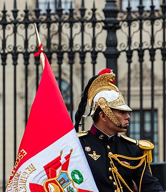 Presidential guard of Peru during Peru's National (Independence) Day in front of the Government Palace, Plaza de Armas, Lima, Peru.
