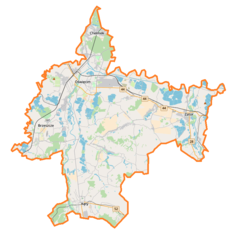 Mapa konturowa powiatu oświęcimskiego, blisko centrum na prawo znajduje się punkt z opisem „Przeciszów”