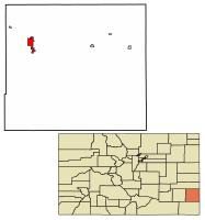 Location of Lamar in Prowers County, Colorado.